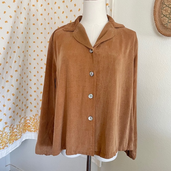 Vintage 90s Autumn Brown Faux Suede Blouse | Timbuktu Station Made in USA - Picture 1 of 8